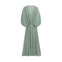 Elegant Pleated Balloon Sleeve Maxi Dress