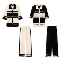 Striped Button-Down Knit Cardigan and Wide-Leg Pants Set