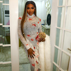 Goldfish Print Long Sleeve Ruffle Trim Maxi Dress