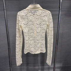 Long Sleeve Sheer Floral Lace Polo Shirt