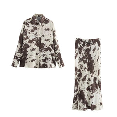 Cow Print Long Sleeve Shirt and Maxi Skirt Set
