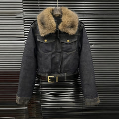 Faux Fur Collar Denim Jacket and Wide-Leg Jeans Set