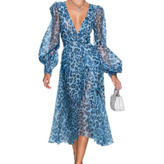 Leopard Print V-Neck Midi Dress with Lantern Sleeves