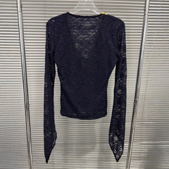 Contrast Lace V-Neck Twisted Long Sleeve Top