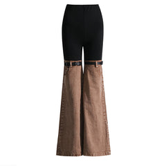 High-Waist Two-Tone Flared Trousers with Belted Thigh Detail