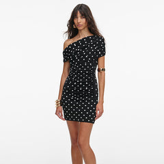 One-Shoulder Polka Dot Ruched Bodycon Mini Dress