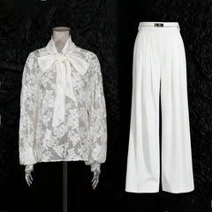 Lace Bow-Tie Blouse and Wide-Leg Pleated Pants Set