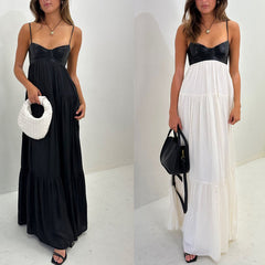 Faux Leather Bustier Tiered Maxi Dress with Pleated Skirt