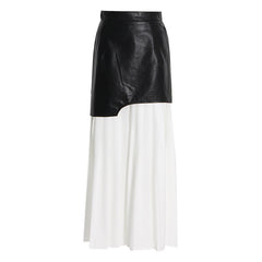 Asymmetric Faux-Leather Layered Pleated Maxi Skirt