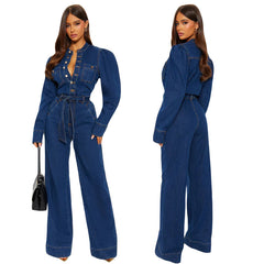 Puff Sleeve Denim Jumpsuit with Belted Waist