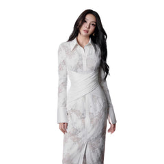 Long Sleeve Lace Maxi Dress with Crisscross Pleated Waist