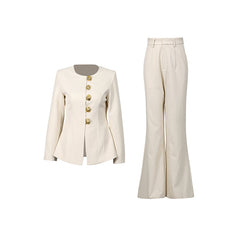 Round Neck Buckle Short Top with Micro Flared Pants Set