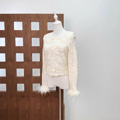 Long-Sleeve Floral Lace Top with Feather-Trimmed Cuffs