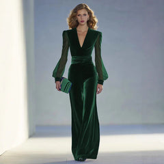 V-Neck Long-Sleeve Velvet Jumpsuit with Sheer Bishop Sleeves