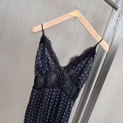 Polka Dot Spaghetti Strap Maxi Dress with Lace Trim
