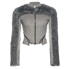 Faux Fur Trim Zip-Up Jacket with Corset Detail