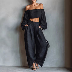 Off-The-Shoulder Crop Top and Wide Leg Linen Set