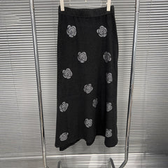 V-Neck Top and Skirt Set with Rhinestone Rose Accents