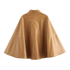 Chic Faux Leather High-Neck Cape Jacket