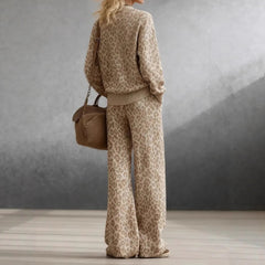 Leopard Print Crew Neck Sweater and Wide-Leg Pants Set