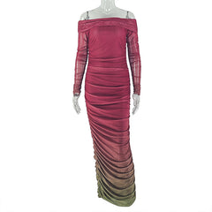 Off-the-Shoulder Ombré Ruched Mesh Maxi Dress