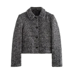 Cropped Salt-and-Pepper Tweed Button-Up Jacket