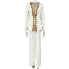 Embroidered Deep-V Blazer and Trouser Suit Set