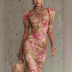 Floral Print Puff Sleeve Maxi Dress with Ruffled Hem