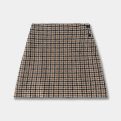 Wool Knit Plaid Set Brown Jacket Mini Skirt