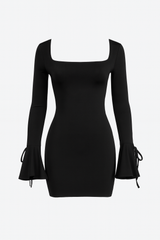 Square-Neck Long-Sleeve Mini Dress with Flared Tie-Cuffs