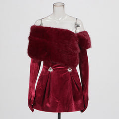 Faux Fur Off-Shoulder Velvet Mini Dress Gloves
