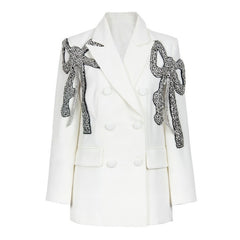 Crystal Bow Embellished White Blazer