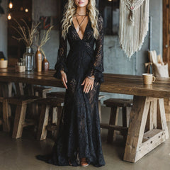V-Neck Bell Sleeve Sheer Lace Maxi Dress