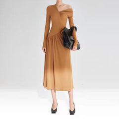 Ribbed Long Sleeve Maxi Dress with Asymmetric Ruched Waist