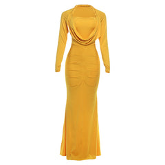 Drape Neck Ruched Long Sleeve Bodycon Maxi Dress