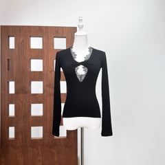 Lace-Trimmed Cutout Long-Sleeve Top with Twist-Front Detail