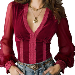 Velvet V-Neck Long Sleeve Top with Lace Trim
