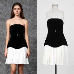 Strapless Two-Tone Pleated Hem Mini Dress