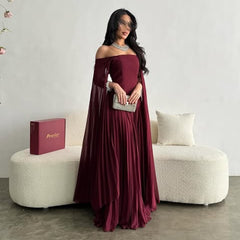 Off-the-Shoulder Long-Sleeve Pleated Maxi Dress