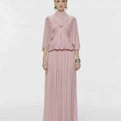 High Neck Cape Sleeve Pleated Maxi Dress with Ornament