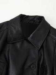 Belted Faux Leather Jacket with Notched Lapels and Epaulettes