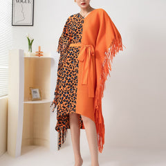 Bold Orange Leopard Fringe Cape Dress