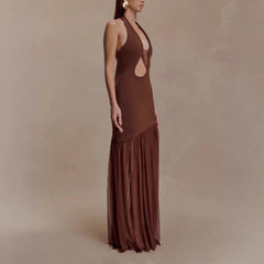 Halter Neck Cut-Out Maxi Dress with Pleated Skirt