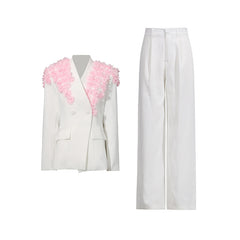 Floral Appliqué Blazer and Wide-Leg Pant Suit
