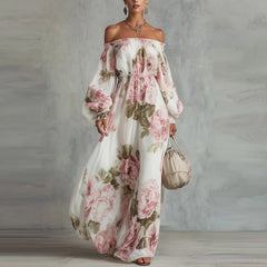 Off-the-Shoulder Floral Print Lantern Sleeve Maxi Dress