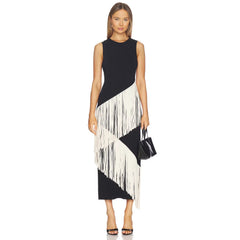 Sleeveless Midi Dress with Asymmetric Tiered Fringe Details
