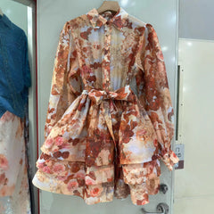 Tiered Floral Long Sleeve Shirt Dress with Belt