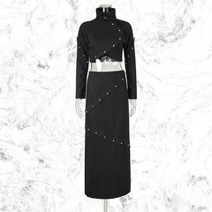 Studded High-Neck Crop Top and Maxi Skirt Set