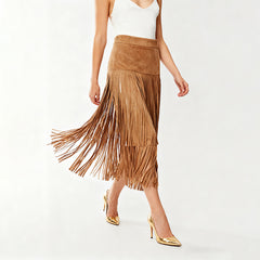 Tiered Suede Fringe Midi Skirt