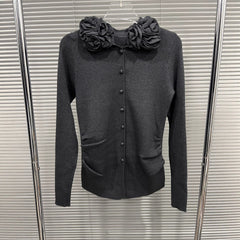 Rose Flower Neck Knitted Cardigan Sweater